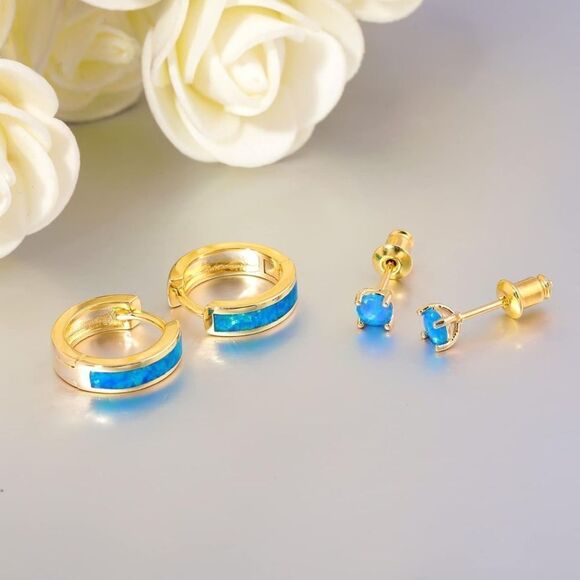 14K Yellow Gold with Genuine Blue Fire Opal Huggie and Stud Earrings Set of 2 - Picture 3 of 5